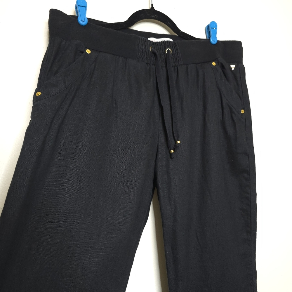 GUESS 100% Linen Black Drawstring Pants XL Wide Leg Lightweight Resortwear - Picture 3 of 8